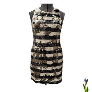 Eliza J Sequin Striped Shift Cocktail Dress Gold Black Reversible Sequin